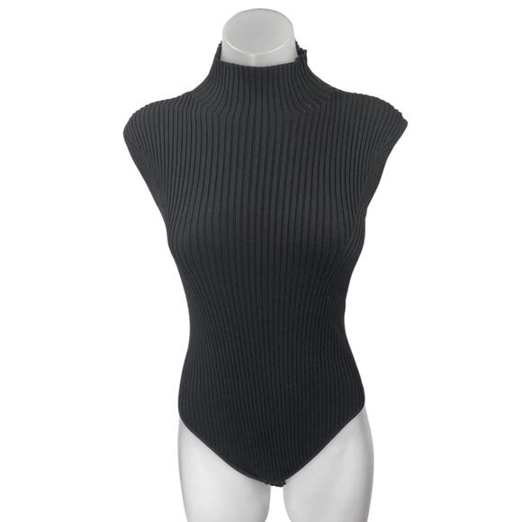 Zara Women's Black Rib Knit Short Cap Sleeve Turtlenneck Sweater Bodysuit Top 2 - Picture 1 of 4